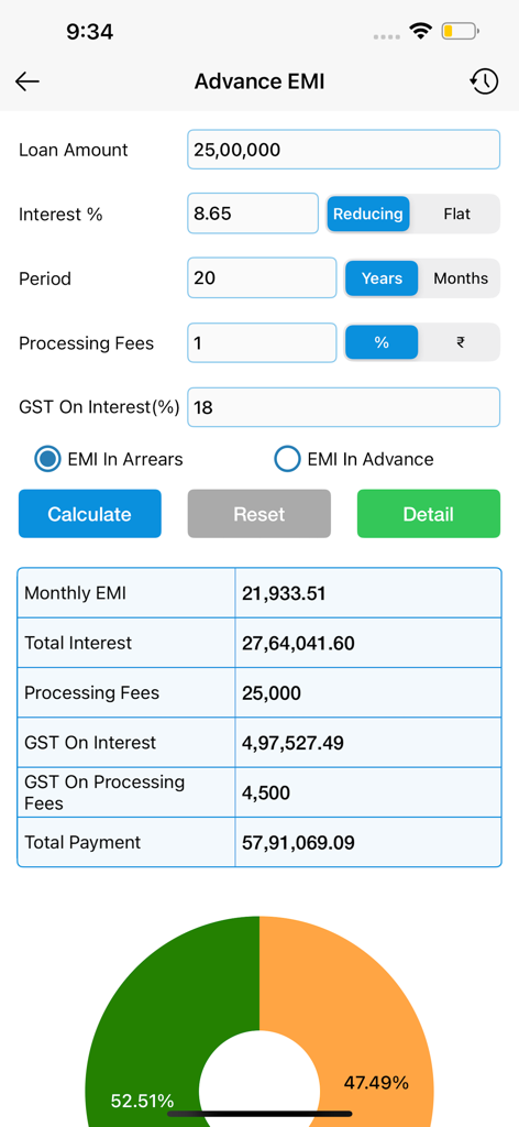 EMI Calculator : Loan Manager - Tela da calculadora de Financiamento Imobiliário antecipado mostrando valor do empréstimo, taxa de juros, pagamento mensal e análise de custo total