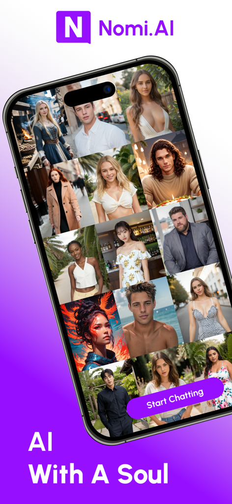 Nomi: AI Companion with a Soul - Smartphone displaying a selection of photorealistic AI companions from the Nomi app