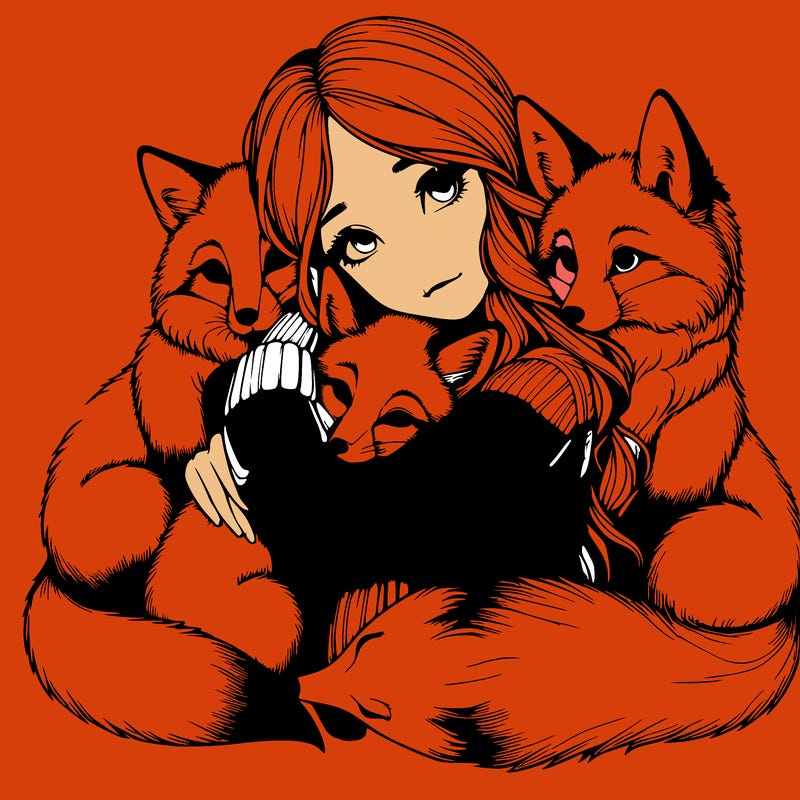 realistic, looking girl hugging, foxes