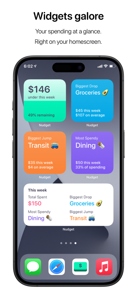 iPhone home screen with colorful Nudget widgets showing weekly spending insights and budget status