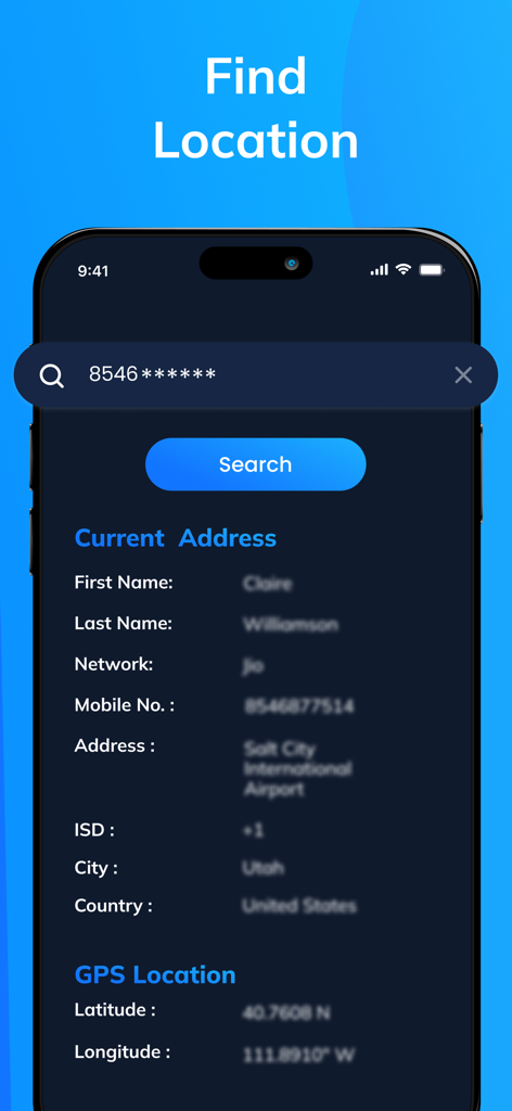 Interface of Caller ID app showing phone number search results including name, address, and GPS coordinates.