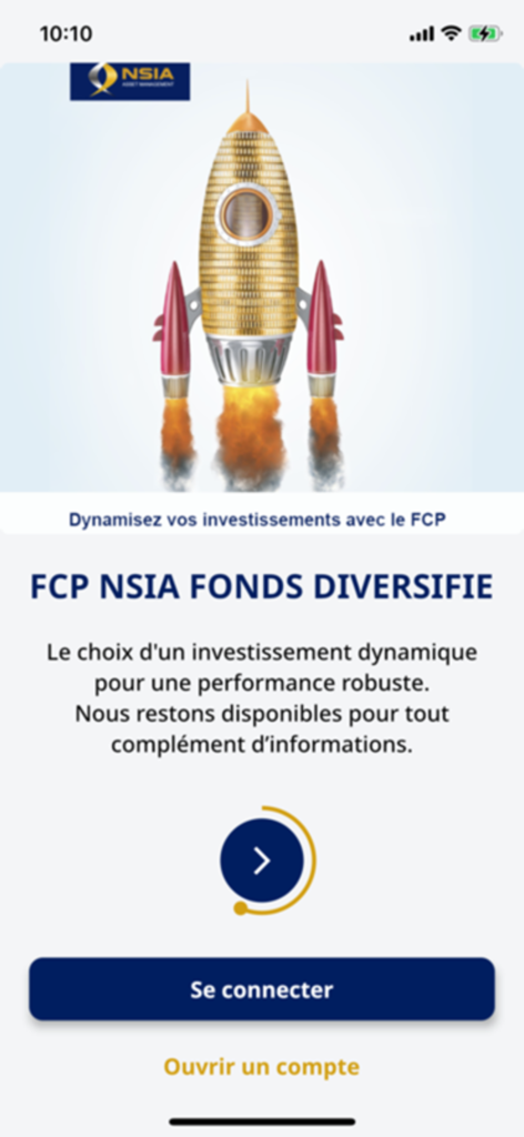 NSIA INVEST - NSIA Invest app home screen displaying the FCP NSIA diversified fund with a rocket ship graphic and login options