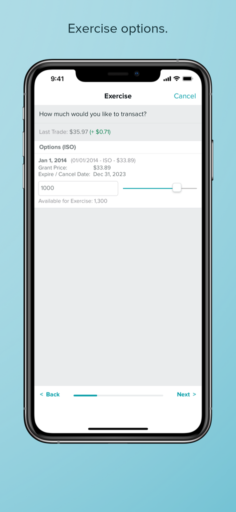 Shareworks mobile app interface showing the process to exercise stock options with a slider to select quantity