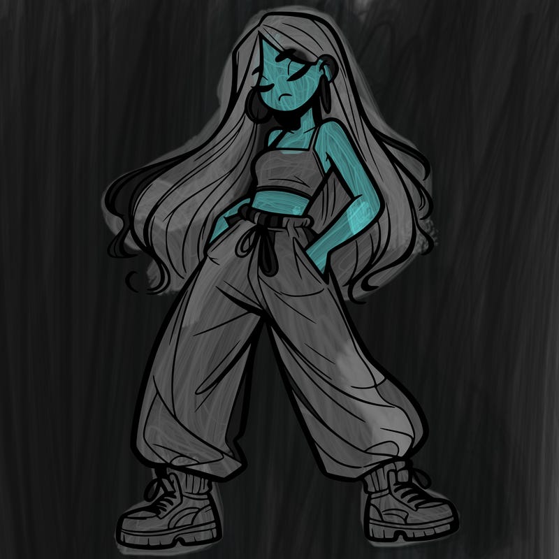 girl in baggy pants crop top and long hair