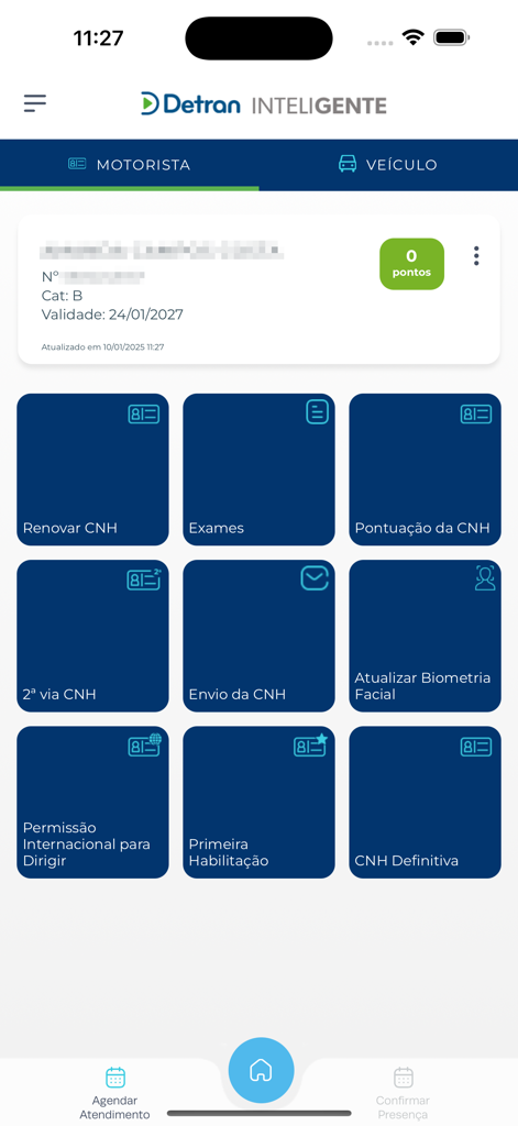 Detran/PR InteliGENTE - Detran PR InteliGENTE app dashboard showing driver license services and status