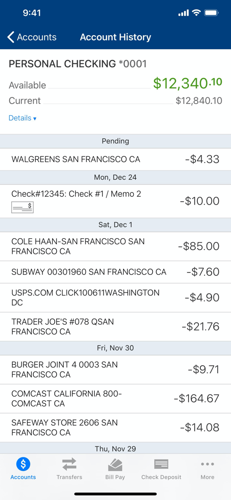CBTx Mobile Banking - CBTx Mobile Banking account history screen showing personal checking balance and transactions