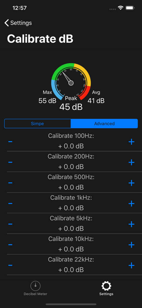 Decibel Meter dB (Sound Meter) - Advanced frequency calibration screen in the Decibel Meter app showing sound levels and frequency adjustments