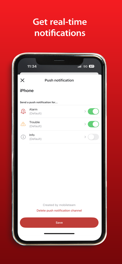 RControl - Configuración de notificaciones push en tiempo real en la aplicación móvil RControl para el estado de la alarma y del sistema