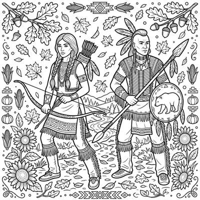 Celebrate Indigenous heritage with this vibrant autumn-themed coloring page featuring brave warriors. Immerse yourself in a scene rich with traditional attire and bountiful harvest elements.