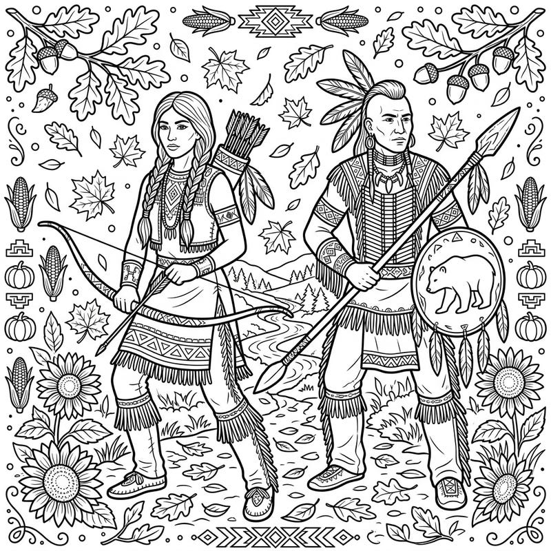 Celebrate Indigenous heritage with this vibrant autumn-themed coloring page featuring brave warriors. Immerse yourself in a scene rich with traditional attire and bountiful harvest elements.