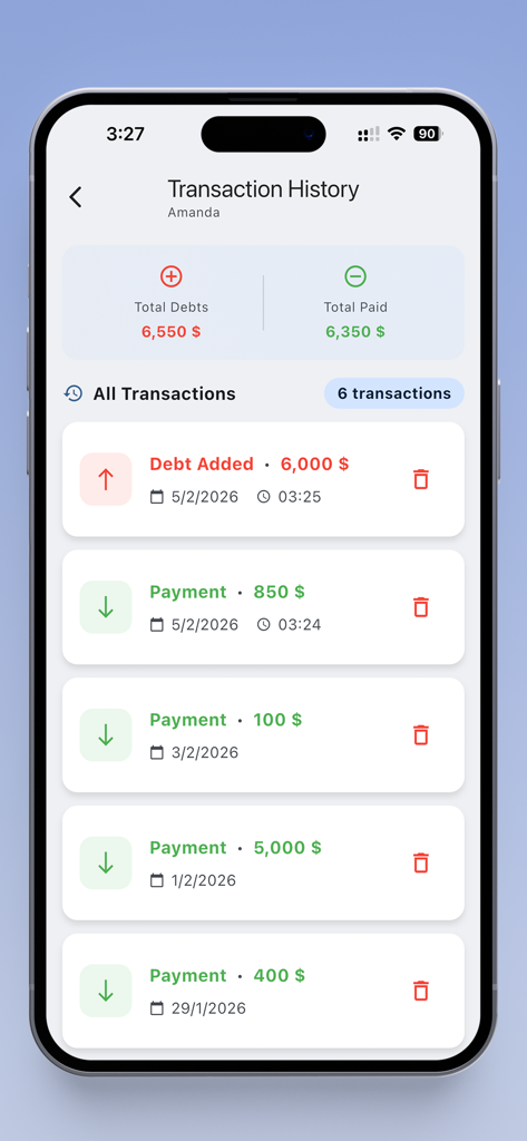 Debt Manager - Money Tracker - A mobile screen showing the transaction history and payment logs for a contact in the Debt Manager app