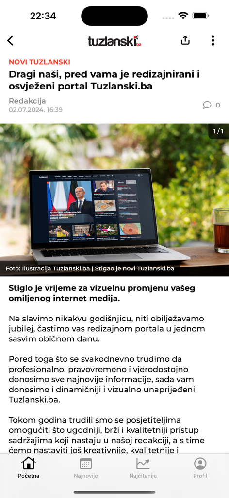 Tuzlanski.ba mobile app showing a news article about the portal redesign and refresh