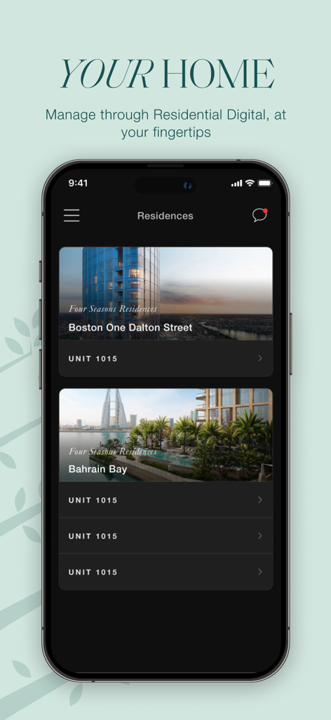 Four Seasons - Tela do aplicativo móvel Four Seasons mostrando a interface de gerenciamento de residências com unidades listadas em Boston e Bahrein.