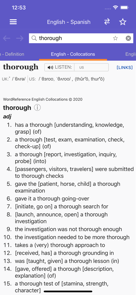 WordReference app display showing English collocations and usage examples for the word thorough