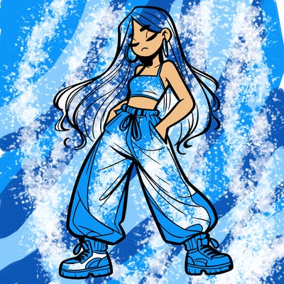 girl in baggy pants crop top and long hair