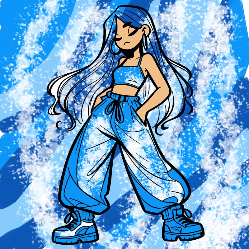 girl in baggy pants crop top and long hair