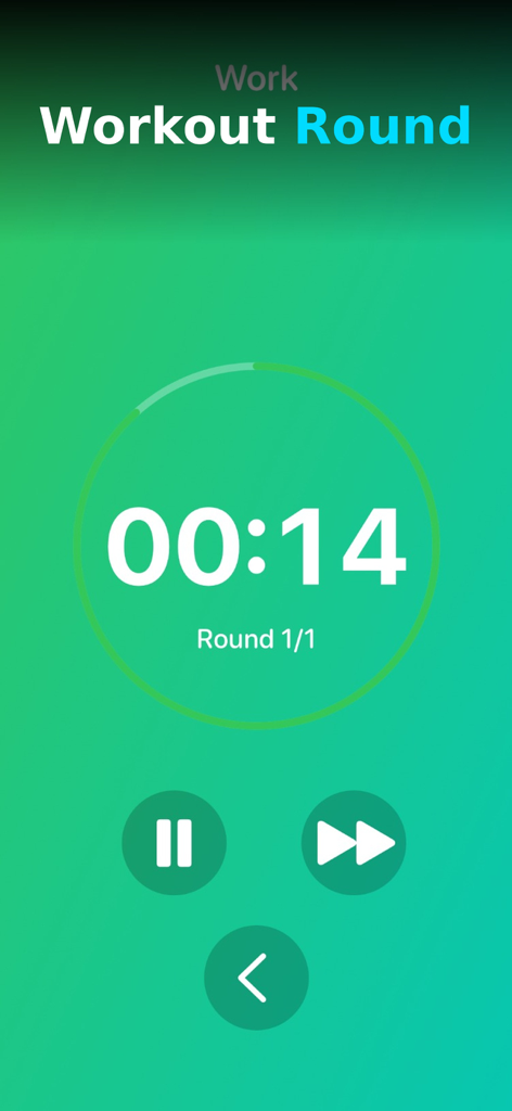 Interval Timer - HIIT, Tabata - Un temporizador de entrenamiento HIIT activo que muestra catorce segundos restantes en la primera ronda.