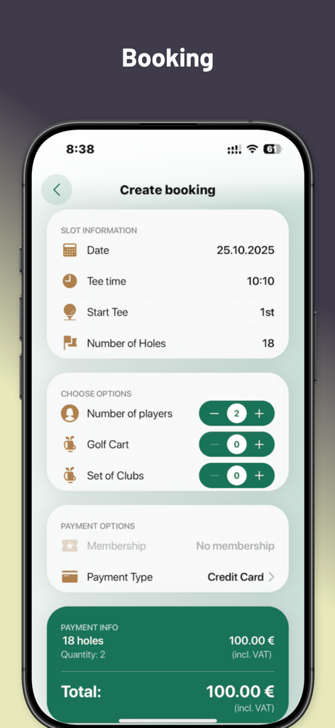 The Golf App | All-in-one - Mobile app interface for booking a tee time including player options and payment summary