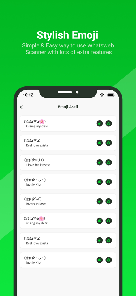 WhatsWeb - Click to Chat - Una lista de emoticonos ASCII y kaomoji con estilo dentro de la interfaz de la aplicación móvil WhatsWeb.