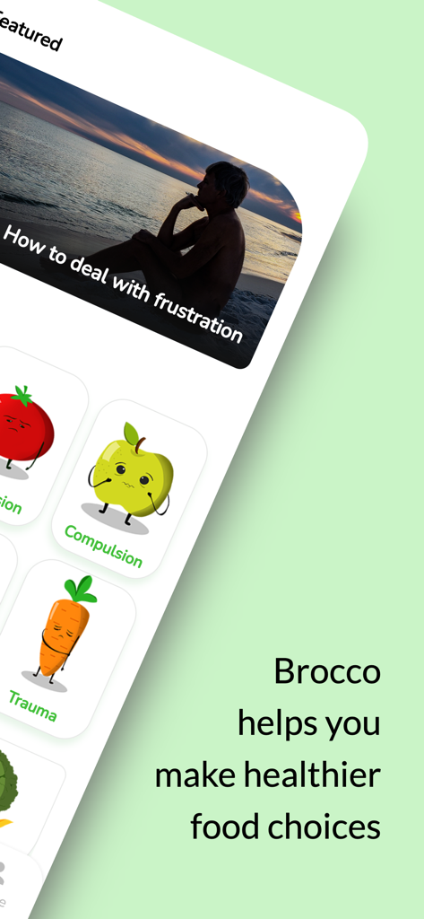Brocco: Eating disorder & Diet - Interfaz de la aplicación Brocco que muestra desencadenantes emocionales para elecciones alimentarias, incluyendo compulsión y trauma
