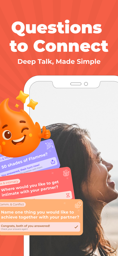 Flamme: Cozy Couples App - Flamme app screen showing deep talk discovery questions to help couples connect