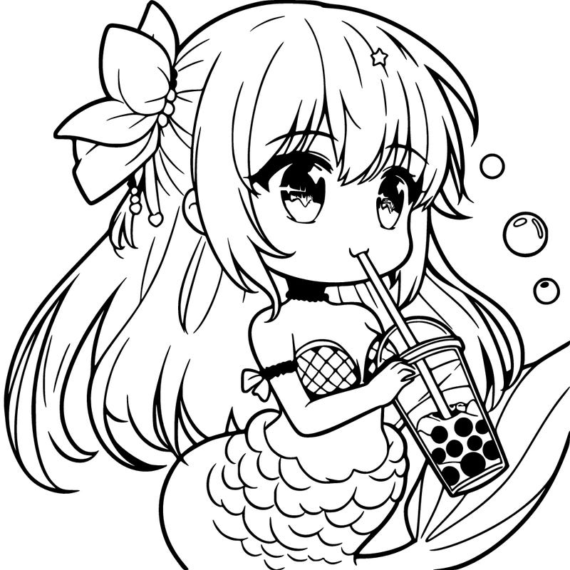 a manga mermaid drinking boba