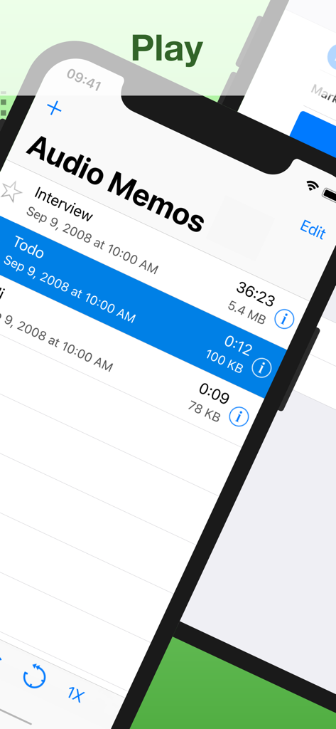 Audio Memos SE: Record Voice - Una lista de grabaciones de voz en la aplicación Audio Memos SE mostrando detalles como duración y tamaño de archivo