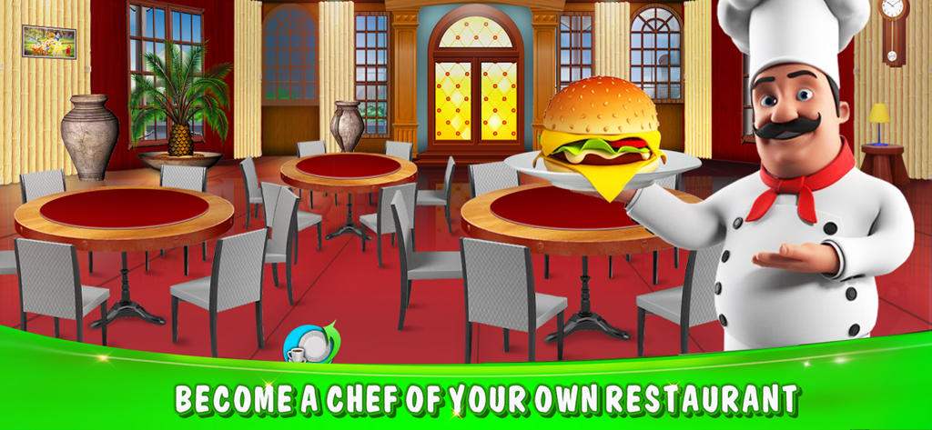 Cooking Games - Food Games - Un chef de dibujos animados en 3D sosteniendo una hamburguesa en el comedor de un restaurante