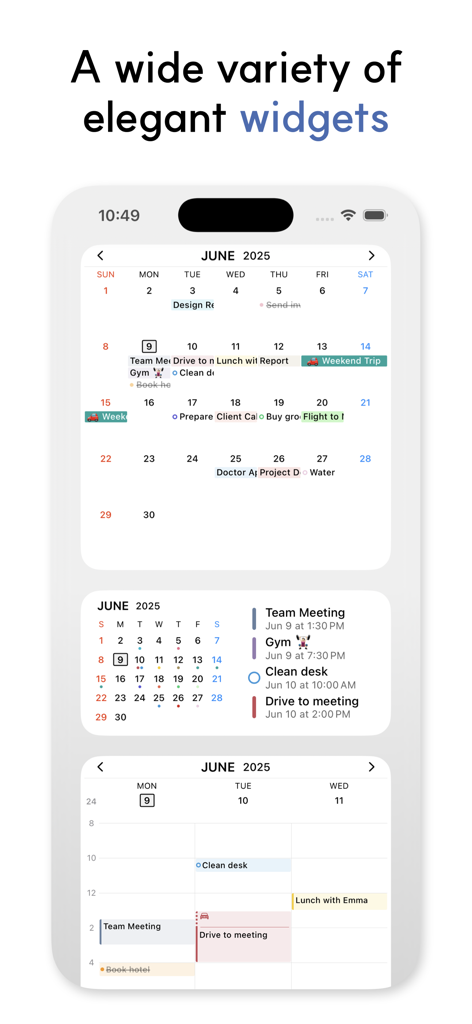 Across: Modern Calendar - A variety of elegant and minimalist calendar widgets on an iPhone screen showing monthly and schedule views.