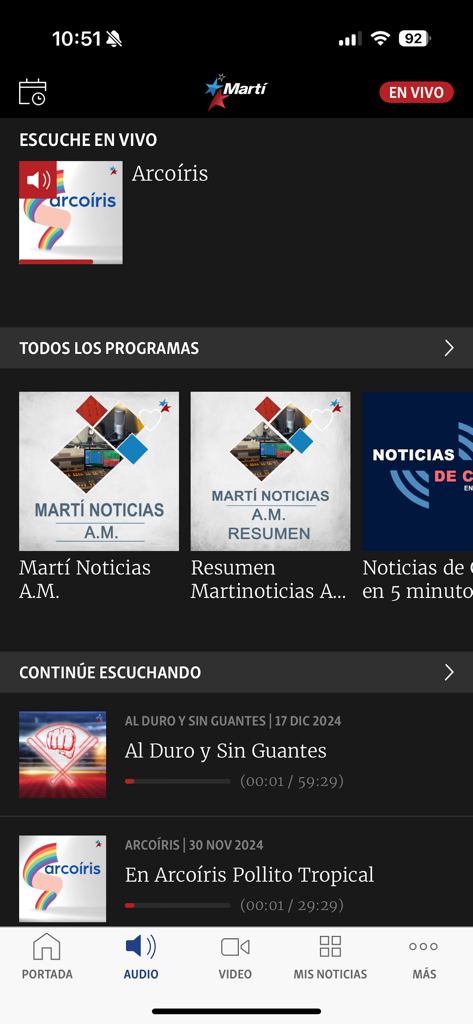 Seção de áudio do aplicativo Rádio Televisão Martí exibindo programas de rádio ao vivo e podcasts