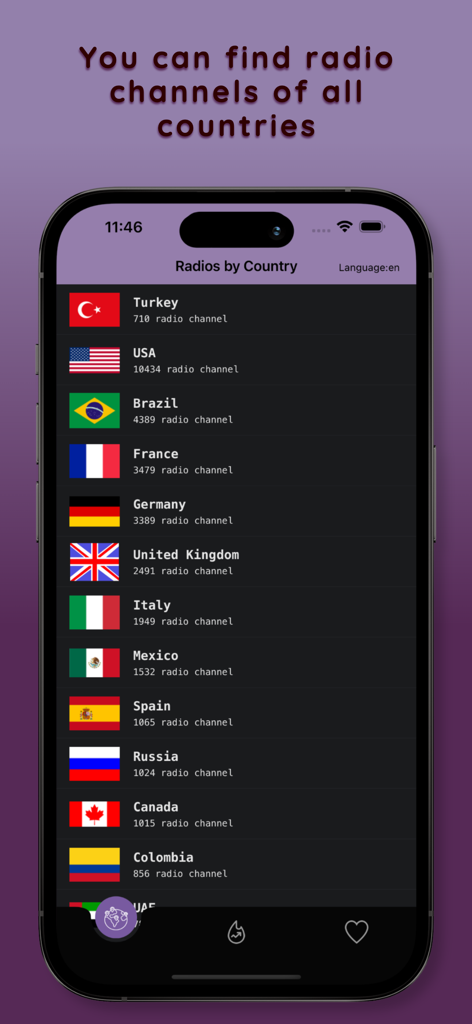 Yagia Radio: Live FM AM Tuner - Yagia Radioのインターフェース。国旗で分類されたグローバルラジオ局のリストが表示されています。
