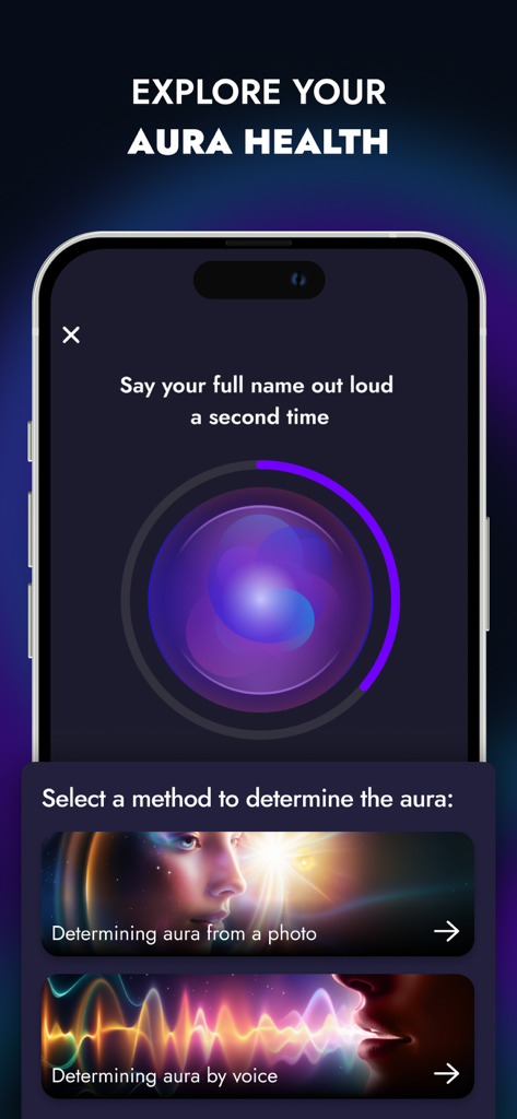Aura & Energy Detector with AI - Interfaz móvil de la aplicación Detector de Aura y Energía que muestra opciones para determinar el aura a partir de una foto o por voz