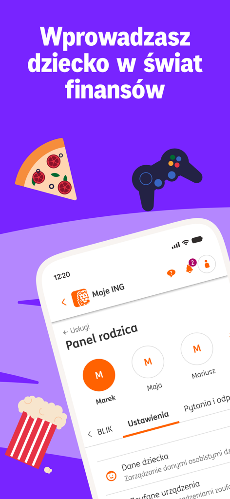 Moje ING mobile app parental panel interface showing managed accounts for children with colorful icons.