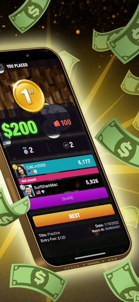 21 Blitz: Real Money Blackjack - A tournament result screen in 21 Blitz showing a first place finish and a 200 dollar prize reward.