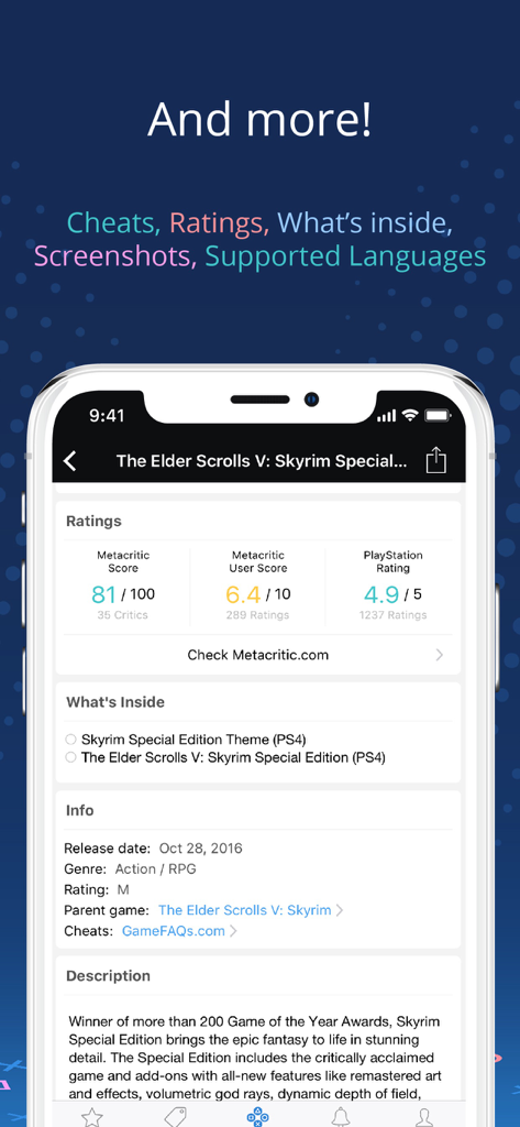 PS Deals - PS Deals app interface showing Metacritic scores and game metadata for Skyrim