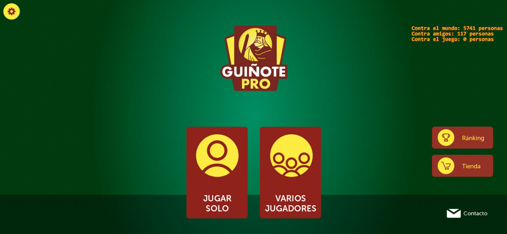 Menú principal de la aplicación GuiñotePro que muestra modos de juego para un jugador y multijugador sobre un fondo verde