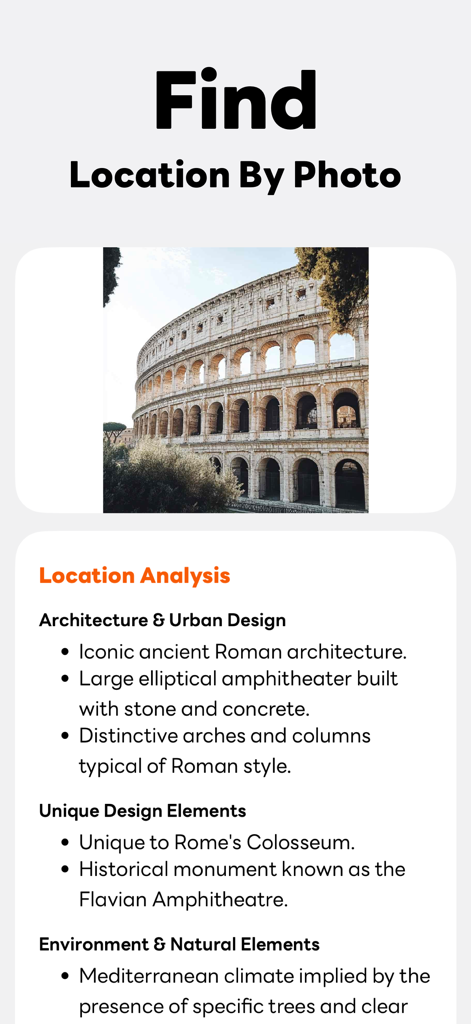 Buster AI - Buster AI app screenshot showing location analysis and architectural details for a photo of the Roman Colosseum
