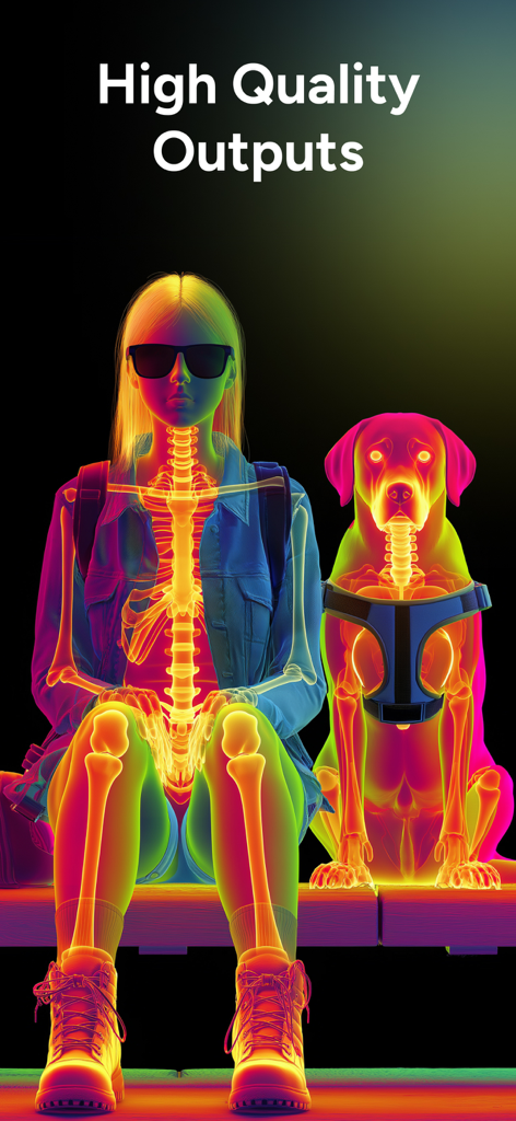 A woman and a dog shown with colorful thermal and x-ray vision filters