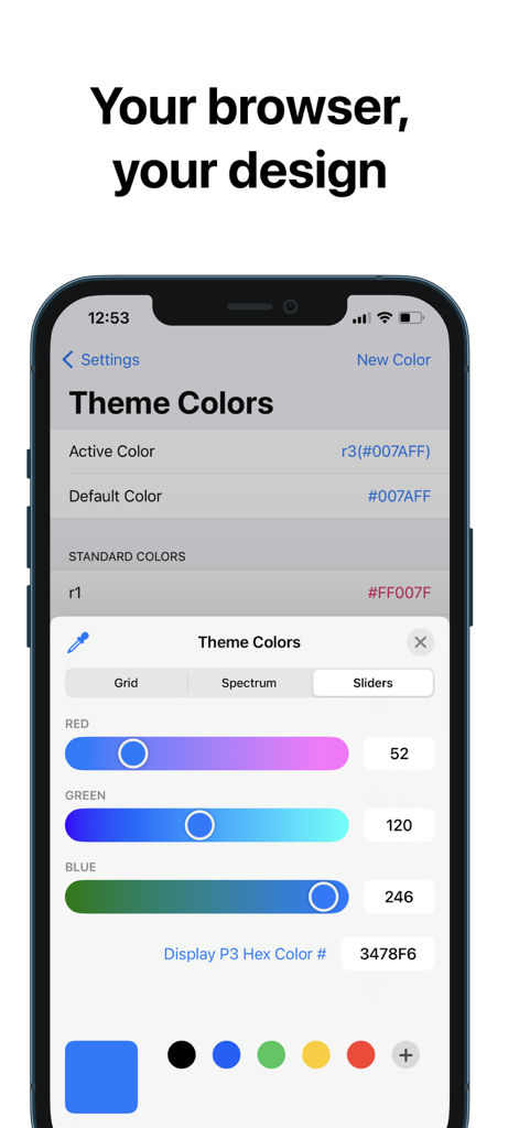 RedApp Browser - Interface for customizing browser theme colors with RGB sliders and hex codes in RedApp Browser
