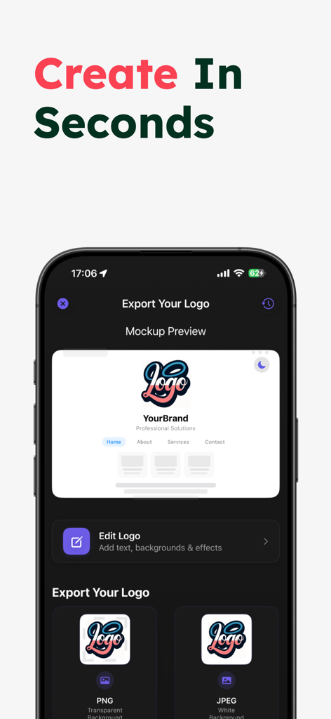 AI Logo & Design Creator - Pantalla de exportación de la aplicación AI Logo and Design Creator que muestra una maqueta de logo y opciones de formato de archivo en un iPhone