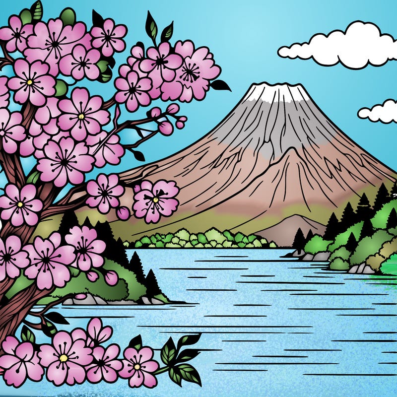 adult coloring book fuji mountain lake and sakura