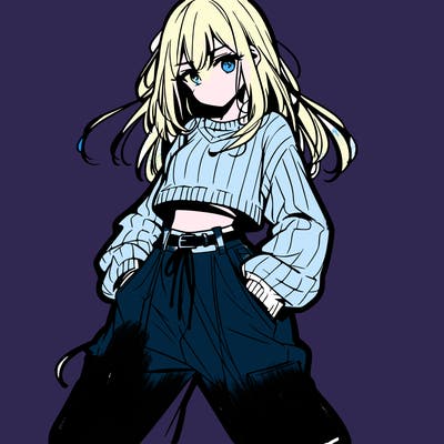 anime teen girl with baggy pants and crop top with sweater