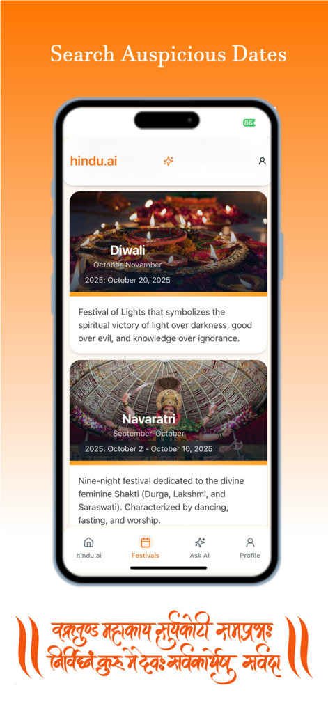 Hindu AI - Hindu AI app displaying auspicious dates for festivals like Diwali and Navaratri on an iPhone.
