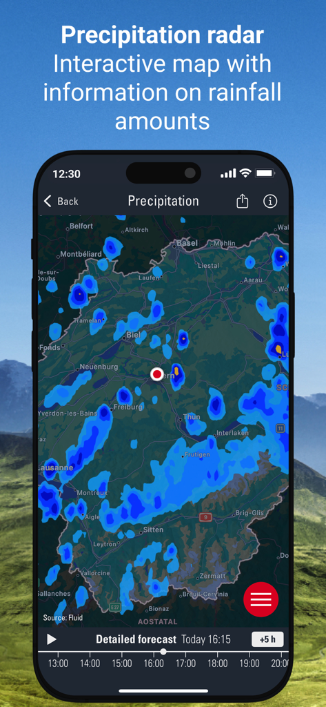Weather Alarm: Switzerland - Mapa interactivo de radar de precipitación de Suiza que muestra los niveles de lluvia en la aplicación Weather Alarm