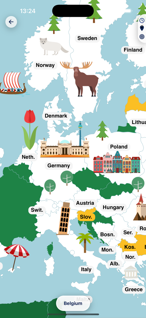 Interactive map of Europe with landmarks and animal icons in Seterra Geography.