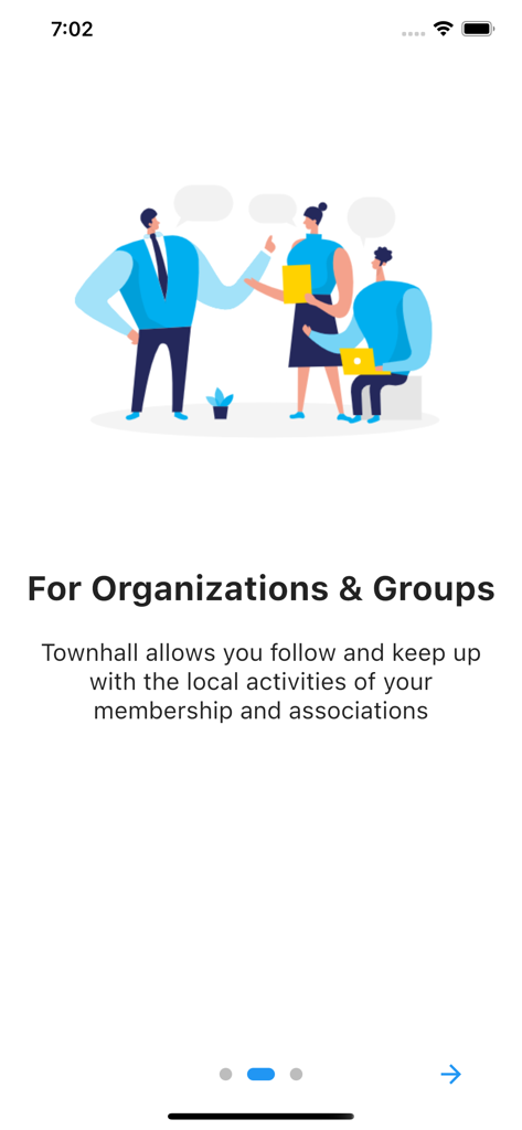 Pantalla de incorporación de la aplicación Townhall para organizaciones y grupos