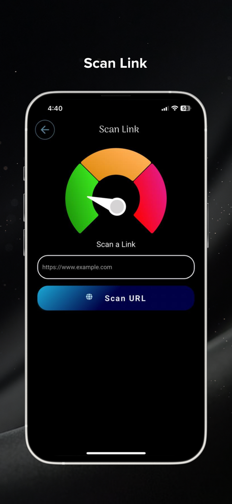 Application MobiArmour montrant le scanner de lien web avec une jauge de niveau de risque