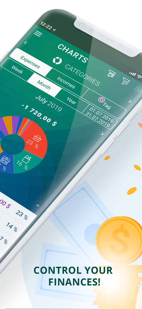 A smartphone showing the Paymaster app interface with a pie chart of monthly expense categories and the text Control Your Finances