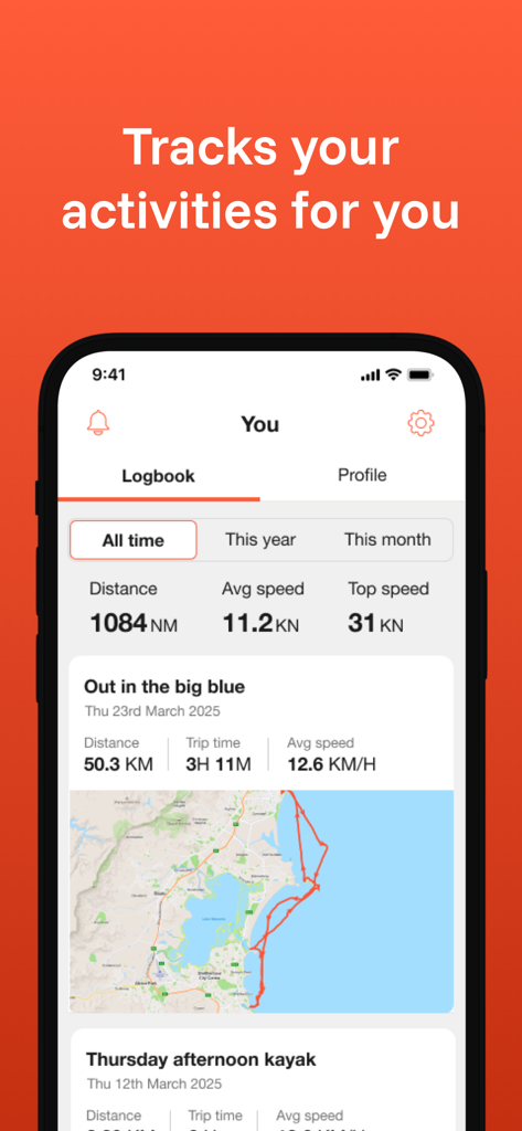 A screenshot of the DECKEE Boating App logbook displaying boating activity stats and a trip route map.