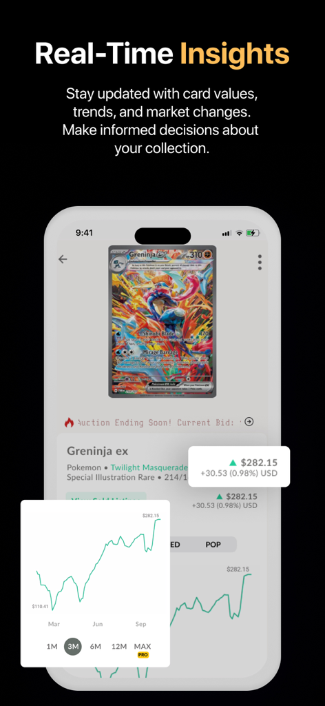 Collectr app screen displaying real time market value and price trends for a pokemon card